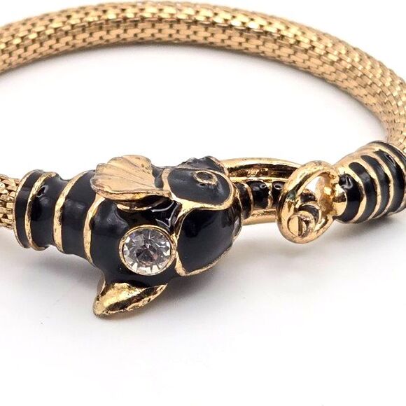 Avon 1990s Gold Tone Black Enamel Elephant Head Stretch Mesh Bracelet 7"‎ - Picture 2 of 4